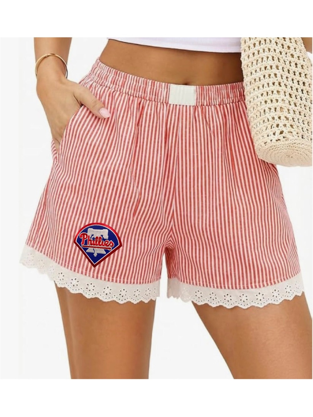 Phillies Red Striped Women's Shorts with Lace Trim